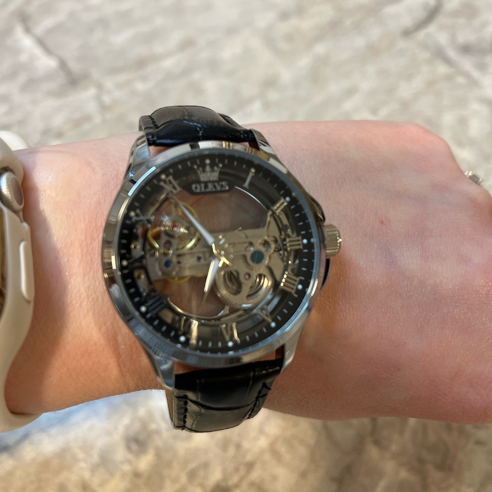 Olevs Automatic Skeleton Watch Black Leather Strap - image 8